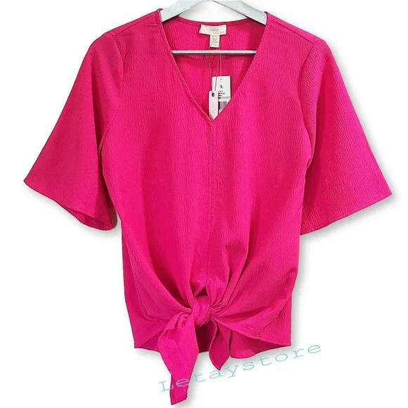 NWT Cupio Blush V-neck Tie Front Textured Pink Shirt Blouse - Picture 2 of 5